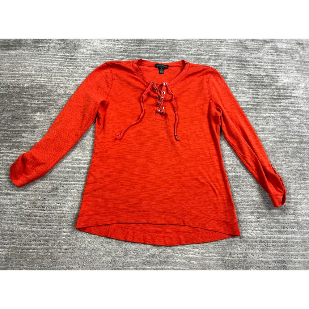 Lauren Jeans Co Ralph Lauren Top Womens M Orange Lace Up Slub Knit Long Sleeve